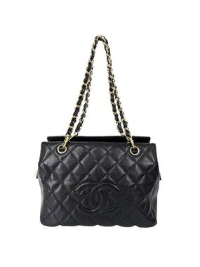 Chanel Tote Quilted Chain Handbag Shoulder CC Logo Caviar Leather Black Gold